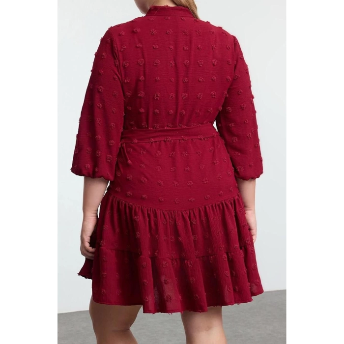 Kadın Moda Büyük Beden Midi Boy V Yaka Fitted Balon Kol Kuşaklı Ponponlu Dokuma Büyük Beden Elbise