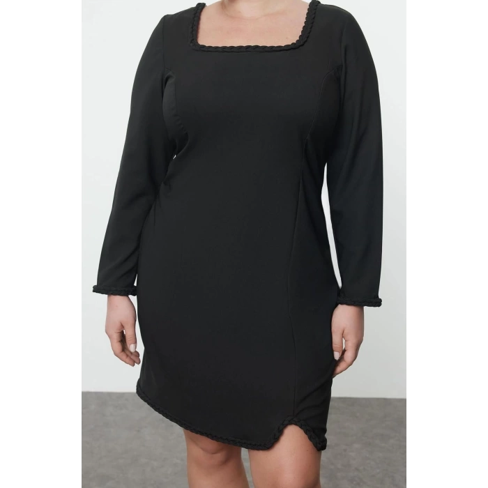 Women Fashion Stylish Plus Size Mini Length Crew Neck Fitted Long Sleeve Finike Woven Plus Size Dress