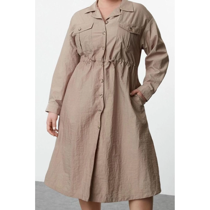Women Fashion Stylish Plus Size Midi Length Shirt Collar Fitted Parachute Woven Plus Size Dress
