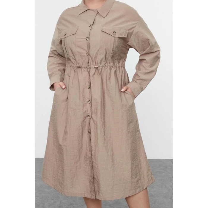 Women Fashion Stylish Plus Size Midi Length Shirt Collar Fitted Parachute Woven Plus Size Dress