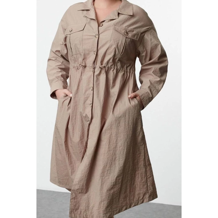Women Fashion Stylish Plus Size Midi Length Shirt Collar Fitted Parachute Woven Plus Size Dress