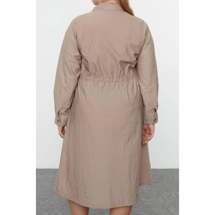 Women Fashion Stylish Plus Size Midi Length Shirt Collar Fitted Parachute Woven Plus Size Dress