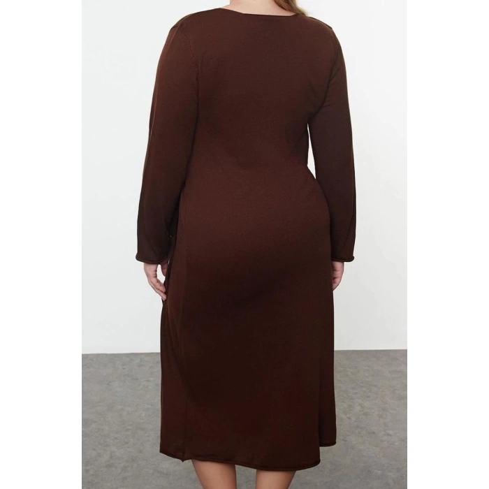 Womens Fashion Stylish Plus Size Midi Length V Neck Fitted Double Breasted Tie Detailed Knit Dress