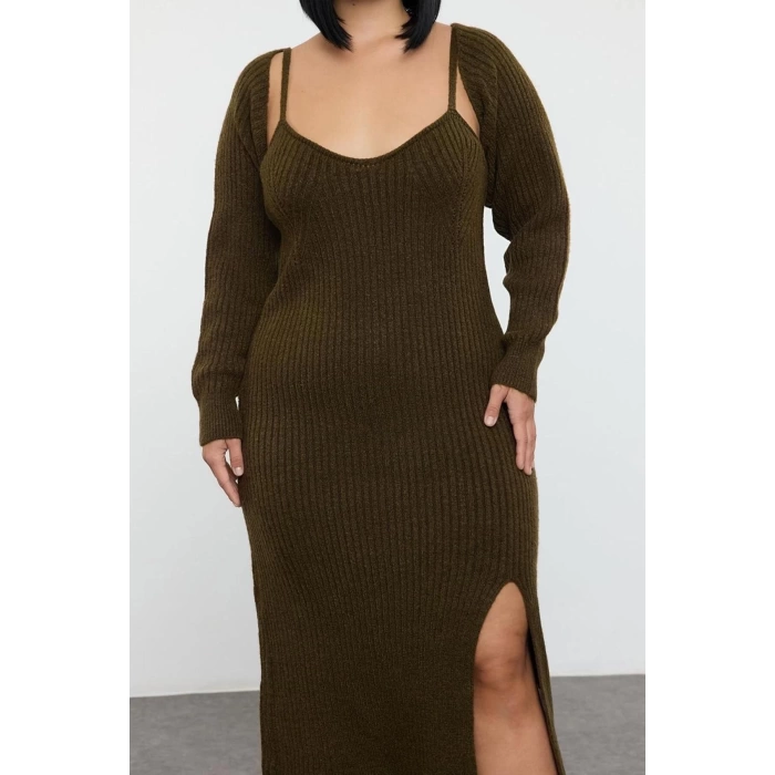 Womens Fashion Stylish Plus Size Midi Length Sweetheart Neck Fitted Corduroy Slit Knitwear Dress & Bolero Set