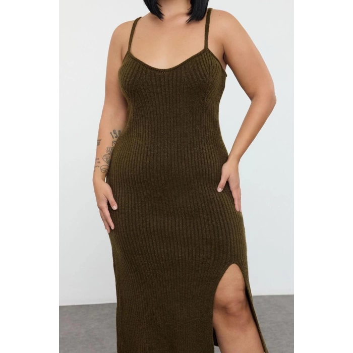 Womens Fashion Stylish Plus Size Midi Length Sweetheart Neck Fitted Corduroy Slit Knitwear Dress & Bolero Set