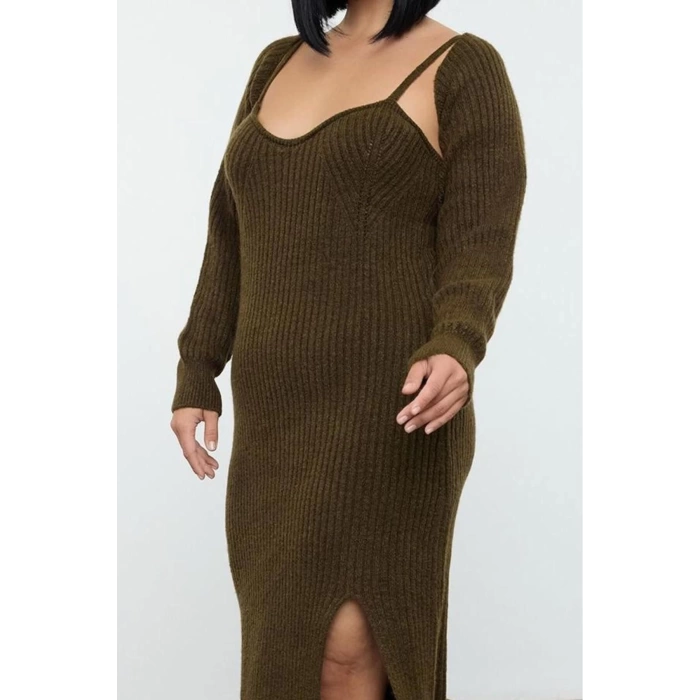 Womens Fashion Stylish Plus Size Midi Length Sweetheart Neck Fitted Corduroy Slit Knitwear Dress & Bolero Set