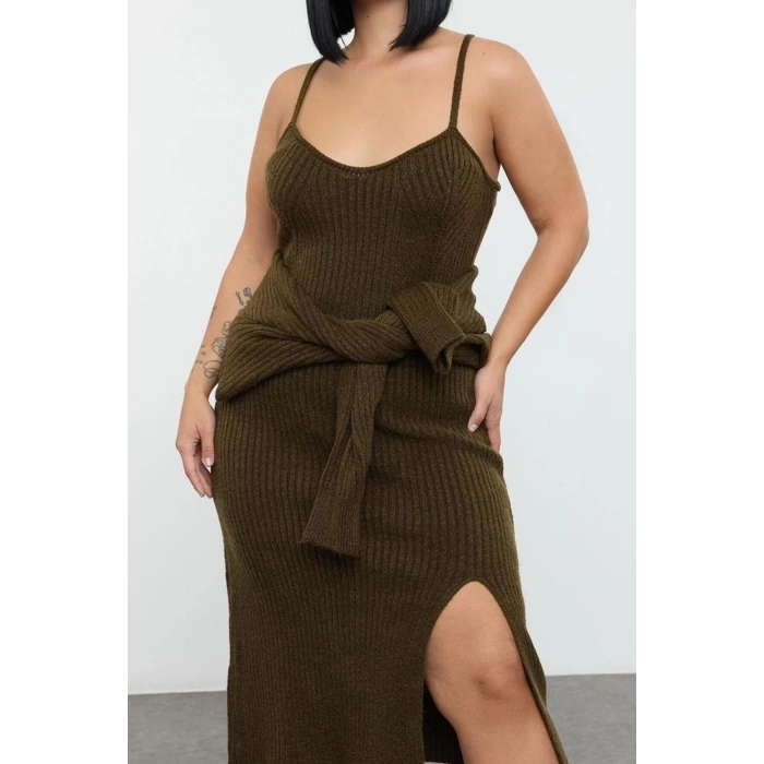 Womens Fashion Stylish Plus Size Midi Length Sweetheart Neck Fitted Corduroy Slit Knitwear Dress & Bolero Set
