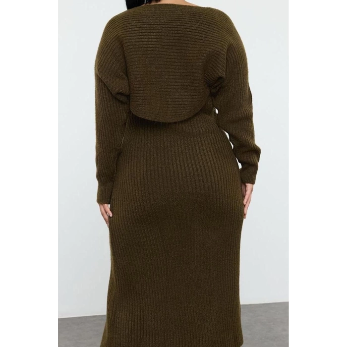 Womens Fashion Stylish Plus Size Midi Length Sweetheart Neck Fitted Corduroy Slit Knitwear Dress & Bolero Set
