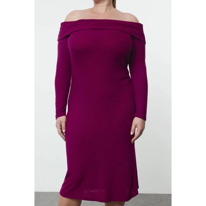 Kadın Moda Şık Büyük Beden Midi Boy Carmen Yaka Slim Köpük Örme Büyük Beden Elbise