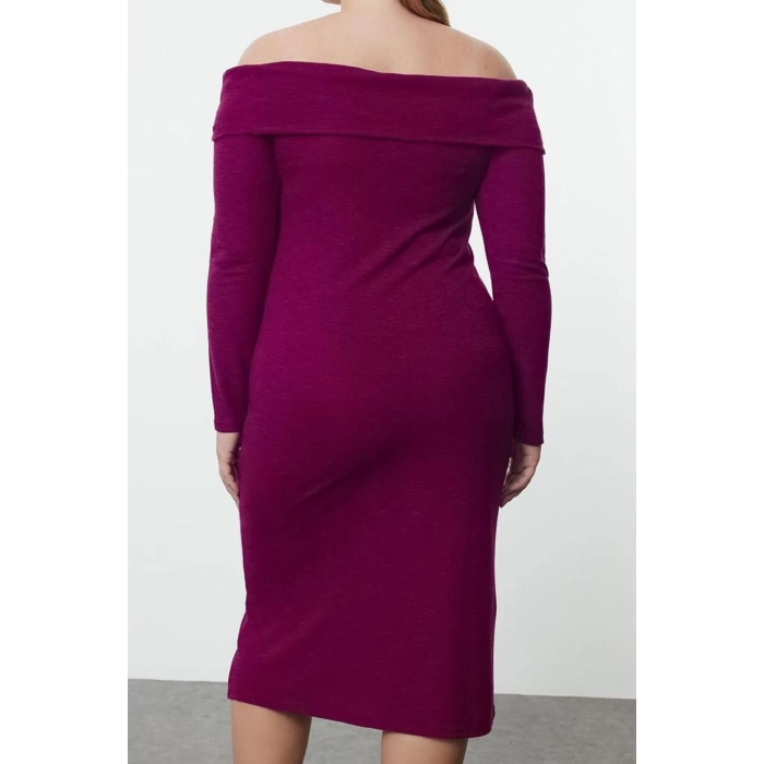 Kadın Moda Şık Büyük Beden Midi Boy Carmen Yaka Slim Köpük Örme Büyük Beden Elbise