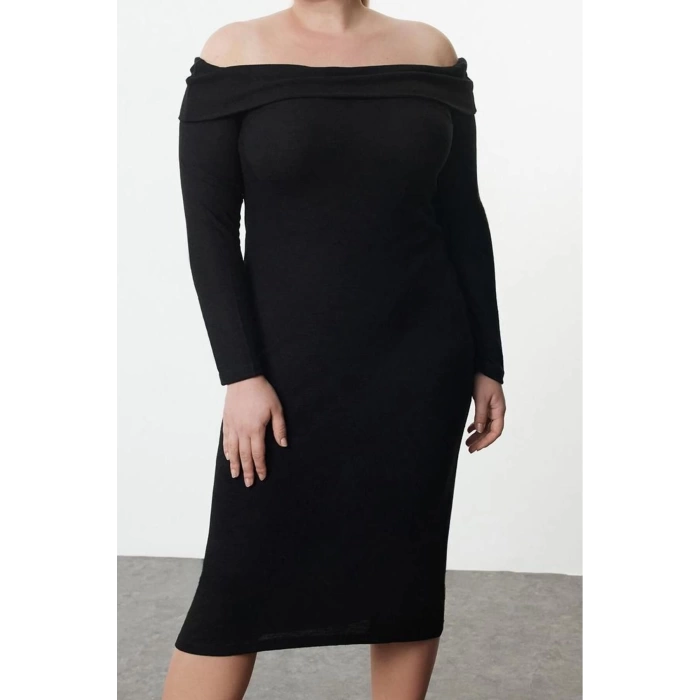 Kadın Moda Şık Büyük Beden Midi Boy Carmen Yaka Slim Köpük Örme Büyük Beden Elbise