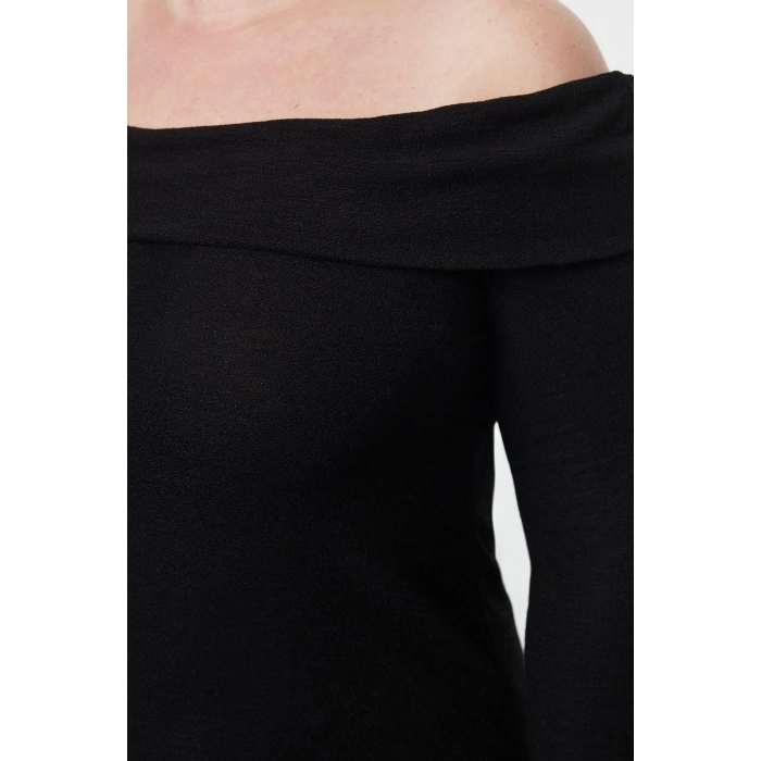 Kadın Moda Şık Büyük Beden Midi Boy Carmen Yaka Slim Köpük Örme Büyük Beden Elbise