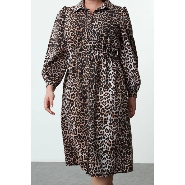 Kadın Büyük Beden Midi Boy Relaxed Leopar Desenli Beli Lastikli Gabardin Dokuma Büyük Beden Elbise