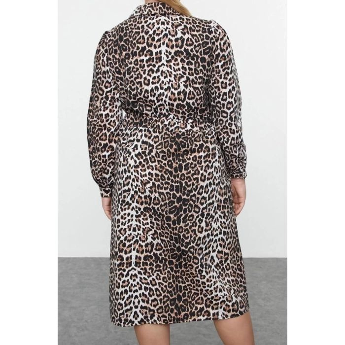 Kadın Büyük Beden Midi Boy Relaxed Leopar Desenli Beli Lastikli Gabardin Dokuma Büyük Beden Elbise