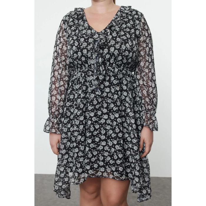 Women Fashion Stylish Plus Size Midi Length Double Breasted Relaxed Chiffon Woven Plus Size Dress