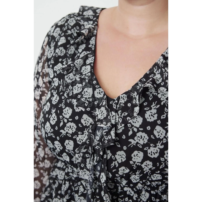 Women Fashion Stylish Plus Size Midi Length Double Breasted Relaxed Chiffon Woven Plus Size Dress