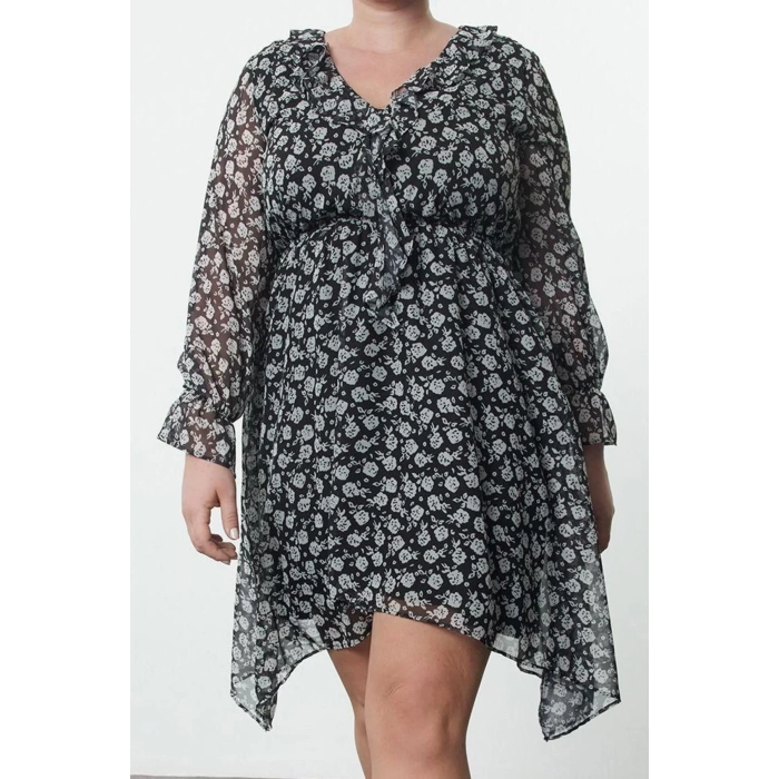 Women Fashion Stylish Plus Size Midi Length Double Breasted Relaxed Chiffon Woven Plus Size Dress