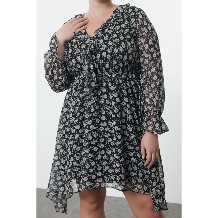 Women Fashion Stylish Plus Size Midi Length Double Breasted Relaxed Chiffon Woven Plus Size Dress