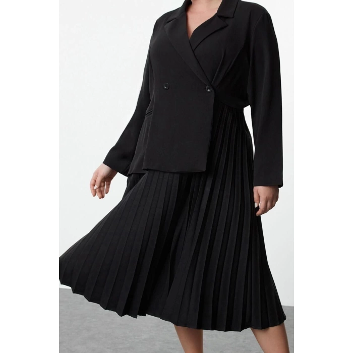 Kadın Moda Şık Büyük Beden Midi Boy Ceket Yaka Relaxed Pilise Etekli Dokuma Büyük Beden Ceket Elbise