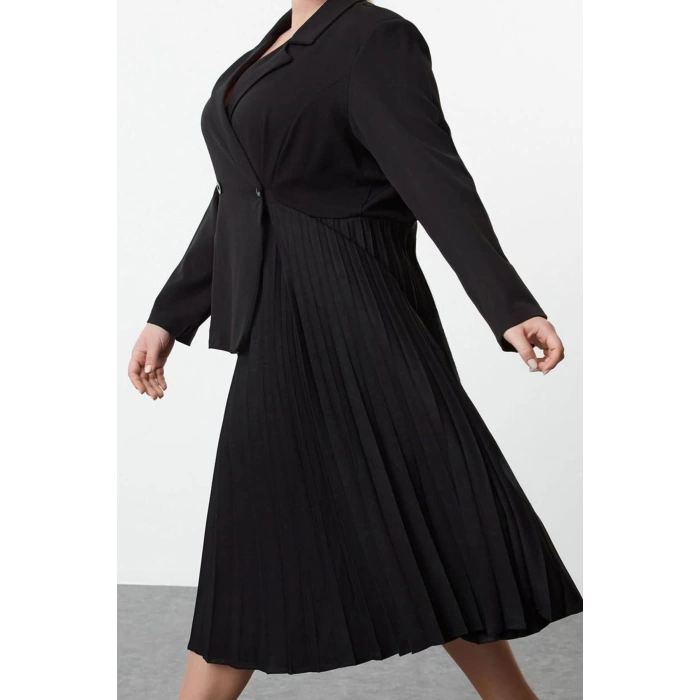 Kadın Moda Şık Büyük Beden Midi Boy Ceket Yaka Relaxed Pilise Etekli Dokuma Büyük Beden Ceket Elbise