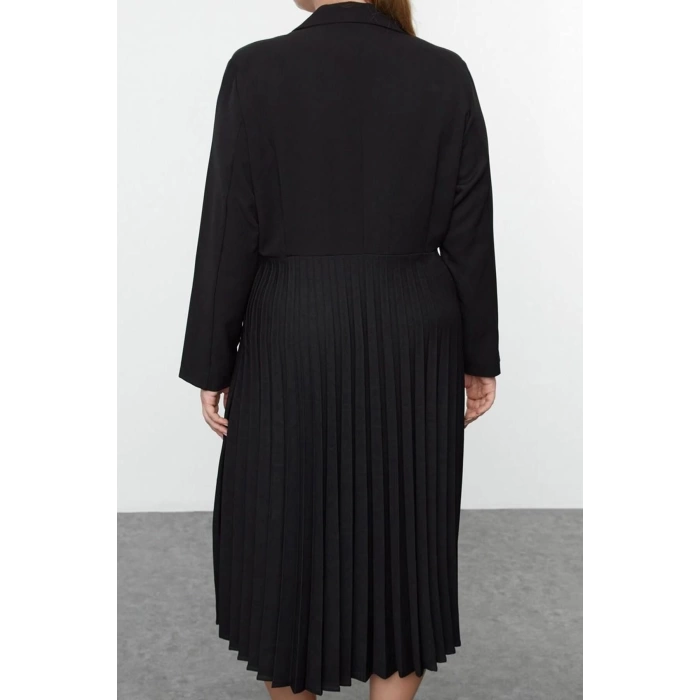 Kadın Moda Şık Büyük Beden Midi Boy Ceket Yaka Relaxed Pilise Etekli Dokuma Büyük Beden Ceket Elbise