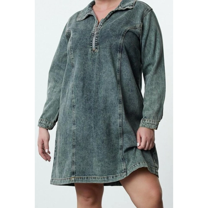 Women Fashion Stylish Plus Size Mini Length Shirt Collar Denim Rigid Plus Size Dress
