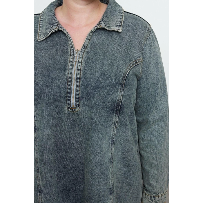 Women Fashion Stylish Plus Size Mini Length Shirt Collar Denim Rigid Plus Size Dress