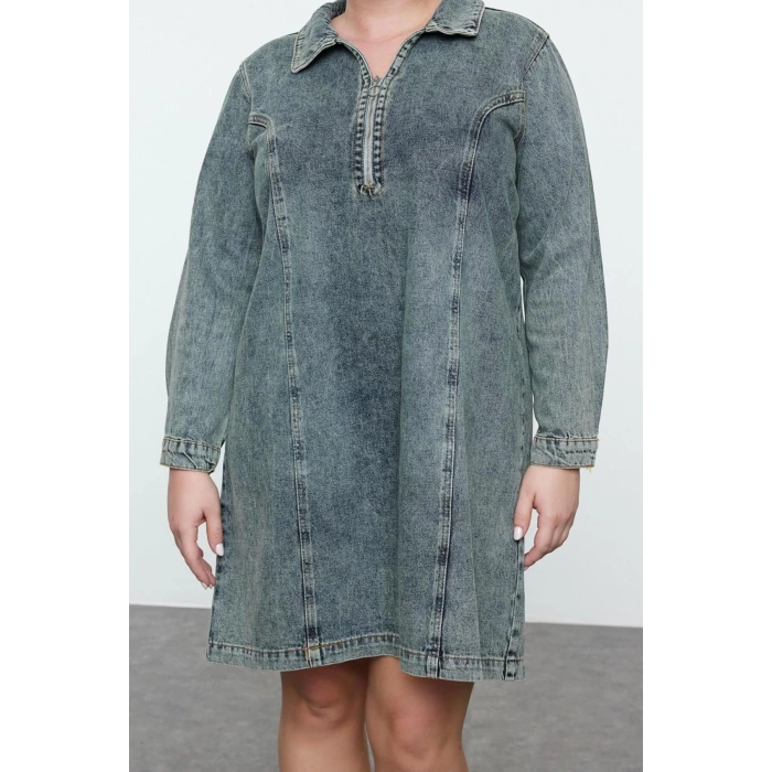 Women Fashion Stylish Plus Size Mini Length Shirt Collar Denim Rigid Plus Size Dress