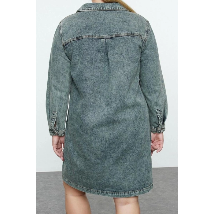 Women Fashion Stylish Plus Size Mini Length Shirt Collar Denim Rigid Plus Size Dress