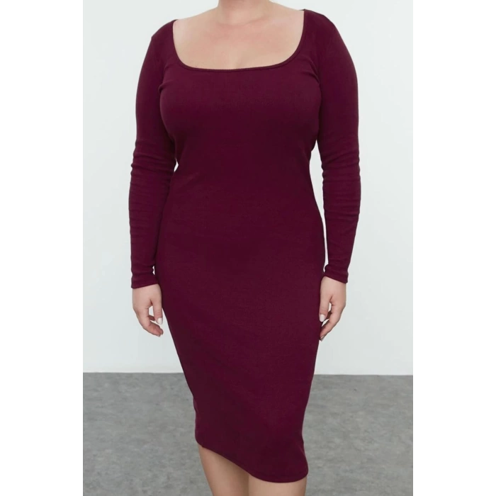 Kadın Moda Şık Büyük Beden Midi Boy Bisiklet Yaka Fitted Kaşkorse Örme Büyük Beden Elbise