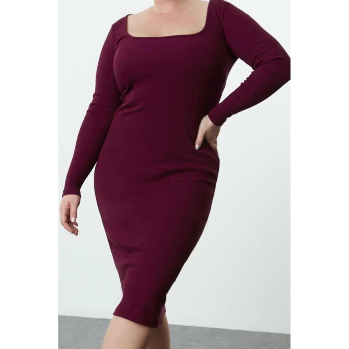 Kadın Moda Şık Büyük Beden Midi Boy Bisiklet Yaka Fitted Kaşkorse Örme Büyük Beden Elbise