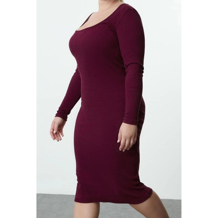 Kadın Moda Şık Büyük Beden Midi Boy Bisiklet Yaka Fitted Kaşkorse Örme Büyük Beden Elbise