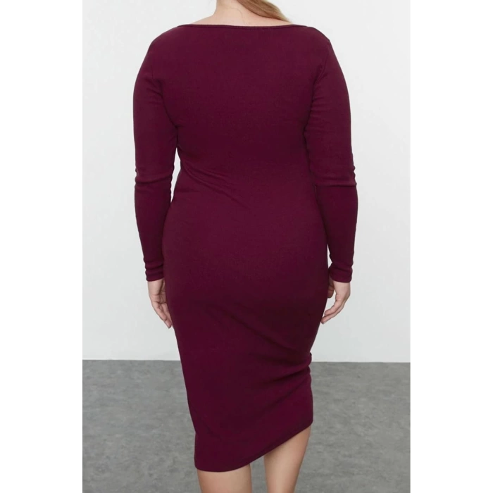 Kadın Moda Şık Büyük Beden Midi Boy Bisiklet Yaka Fitted Kaşkorse Örme Büyük Beden Elbise