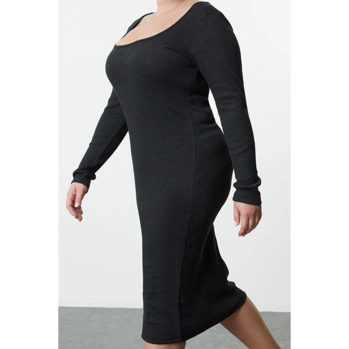 Kadın Moda Şık Büyük Beden Midi Boy Bisiklet Yaka Fitted Kaşkorse Örme Büyük Beden Elbise