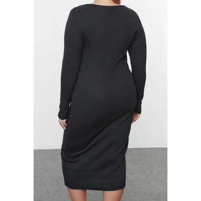 Kadın Moda Şık Büyük Beden Midi Boy Bisiklet Yaka Fitted Kaşkorse Örme Büyük Beden Elbise