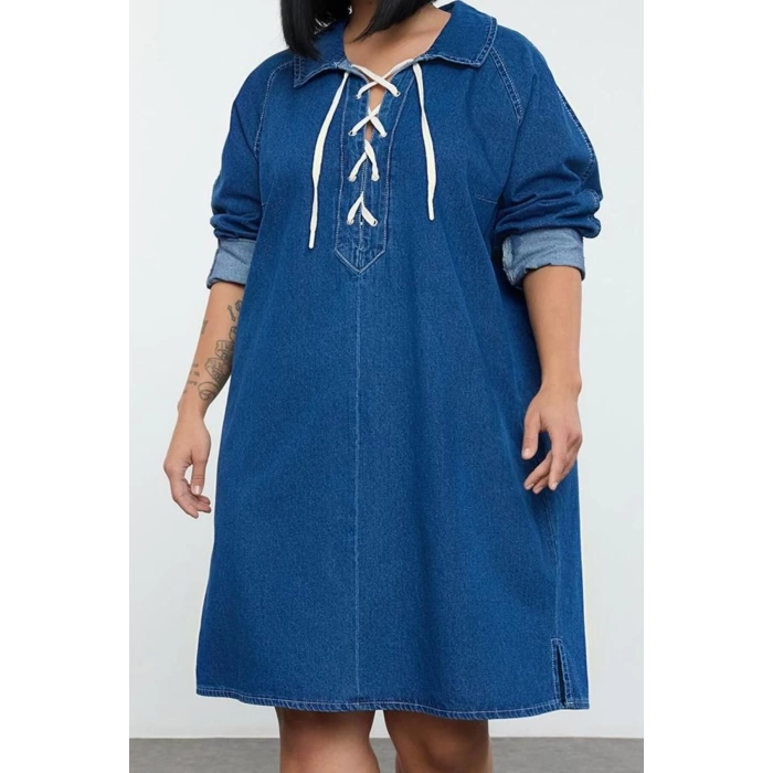 Kadın Moda Şık Büyük Beden Mini Boy Gömlek Yaka Denim Rigid Bağcıklı Büyük Beden Elbise