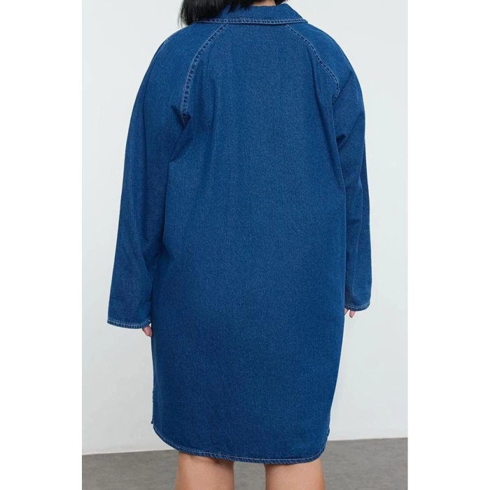 Kadın Moda Şık Büyük Beden Mini Boy Gömlek Yaka Denim Rigid Bağcıklı Büyük Beden Elbise