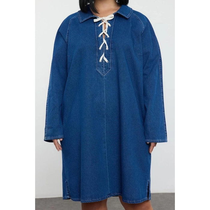 Kadın Moda Şık Büyük Beden Mini Boy Gömlek Yaka Denim Rigid Bağcıklı Büyük Beden Elbise