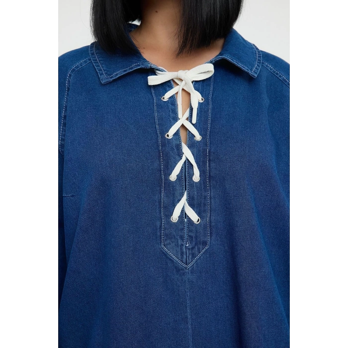 Kadın Moda Şık Büyük Beden Mini Boy Gömlek Yaka Denim Rigid Bağcıklı Büyük Beden Elbise