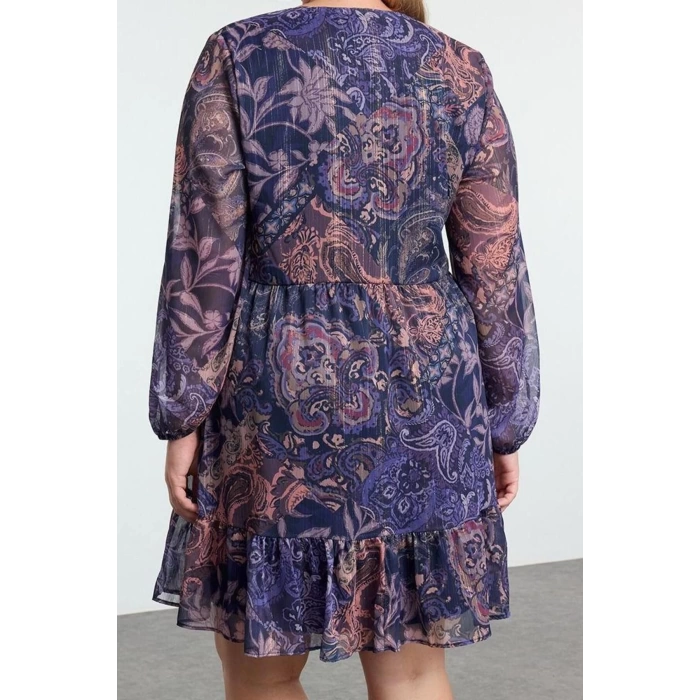 Womens Plus Size Midi Length V Neck Relaxed Floral Glittery Skirt Ruffle Woven Plus Size Dress