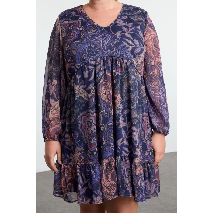 Womens Plus Size Midi Length V Neck Relaxed Floral Glittery Skirt Ruffle Woven Plus Size Dress