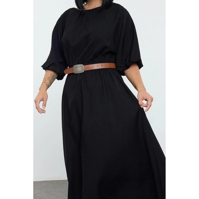 Women Fashion Stylish Plus Size Midi Length Crew Neck Relaxed Textured Balloon Sleeve Woven Plus Size Dress