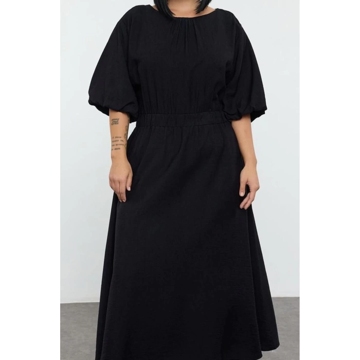 Women Fashion Stylish Plus Size Midi Length Crew Neck Relaxed Textured Balloon Sleeve Woven Plus Size Dress
