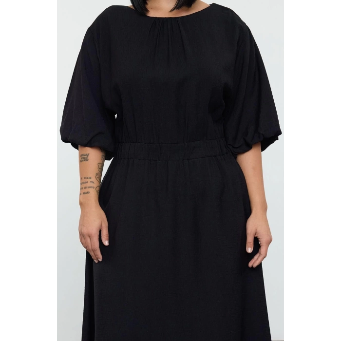 Women Fashion Stylish Plus Size Midi Length Crew Neck Relaxed Textured Balloon Sleeve Woven Plus Size Dress