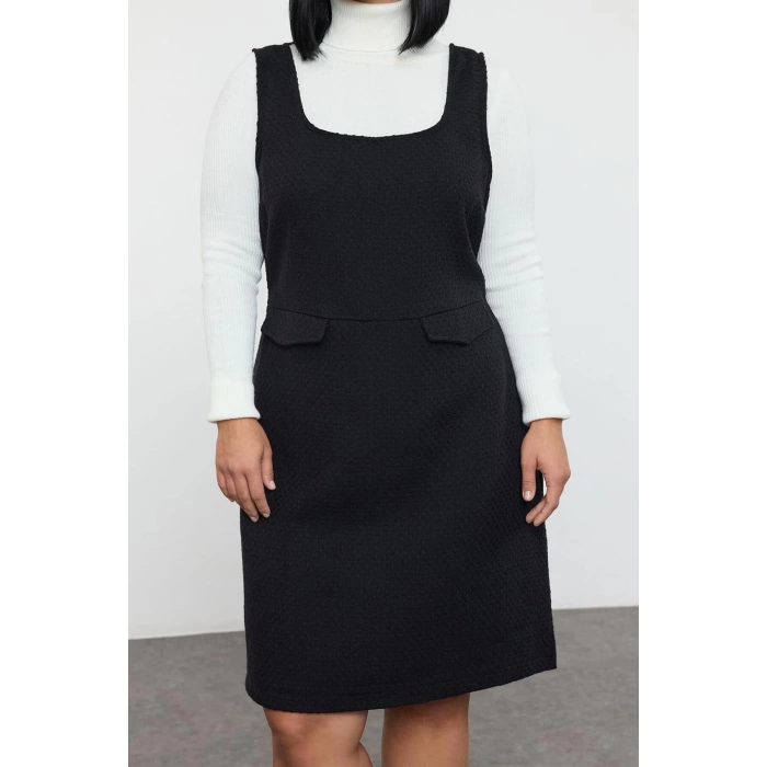 Womens Plus Size Mini Length Relaxed Tweed Textured Strappy Vest Pocket Woven Plus Size Dress