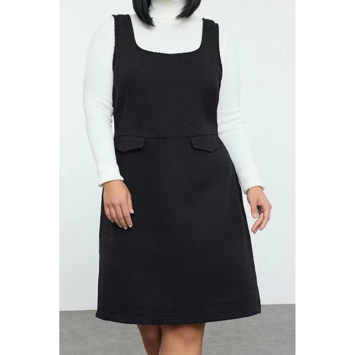 Womens Plus Size Mini Length Relaxed Tweed Textured Strappy Vest Pocket Woven Plus Size Dress