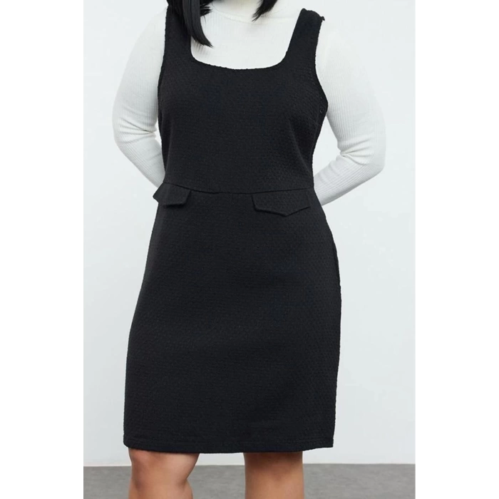 Womens Plus Size Mini Length Relaxed Tweed Textured Strappy Vest Pocket Woven Plus Size Dress