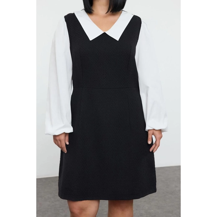 Women Fashion Stylish Plus Size Midi Length Shirt Collar Relaxed Tweed Woven Plus Size Dress