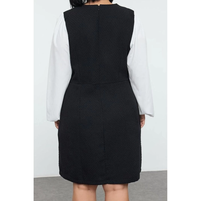 Women Fashion Stylish Plus Size Midi Length Shirt Collar Relaxed Tweed Woven Plus Size Dress