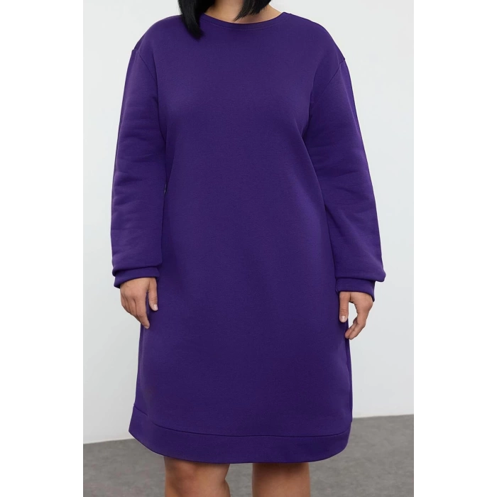 Women Fashion Stylish Plus Size Midi Length Crew Neck Relaxed 2 Yarn Non-raised Knitted Plus Size Dress